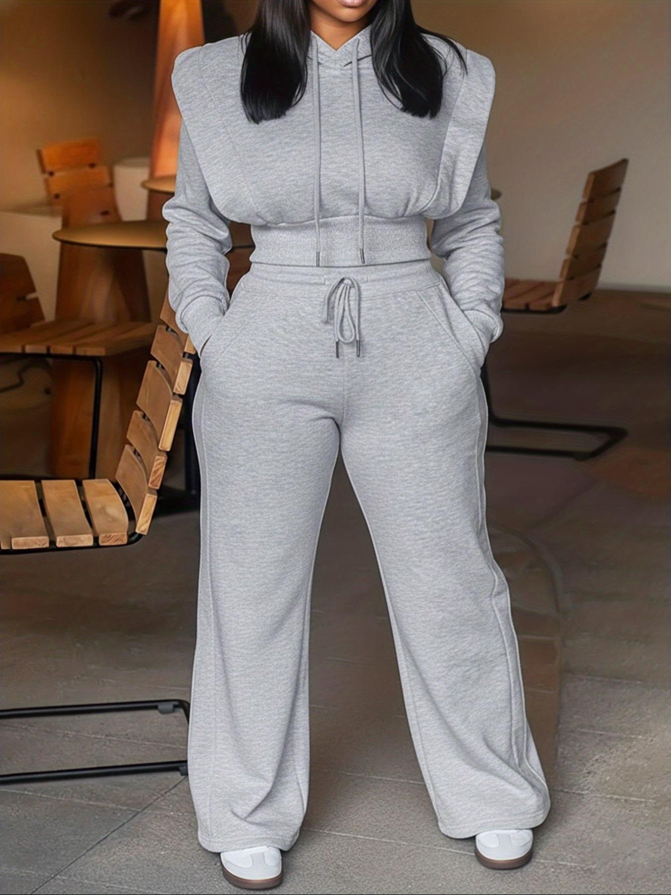 Women's Hooded Sweatshirt Set, Slim-Fitting Waist Cinching Top & Wide Leg Pants, Casual Sportswear for Daily Commute Fall Winter