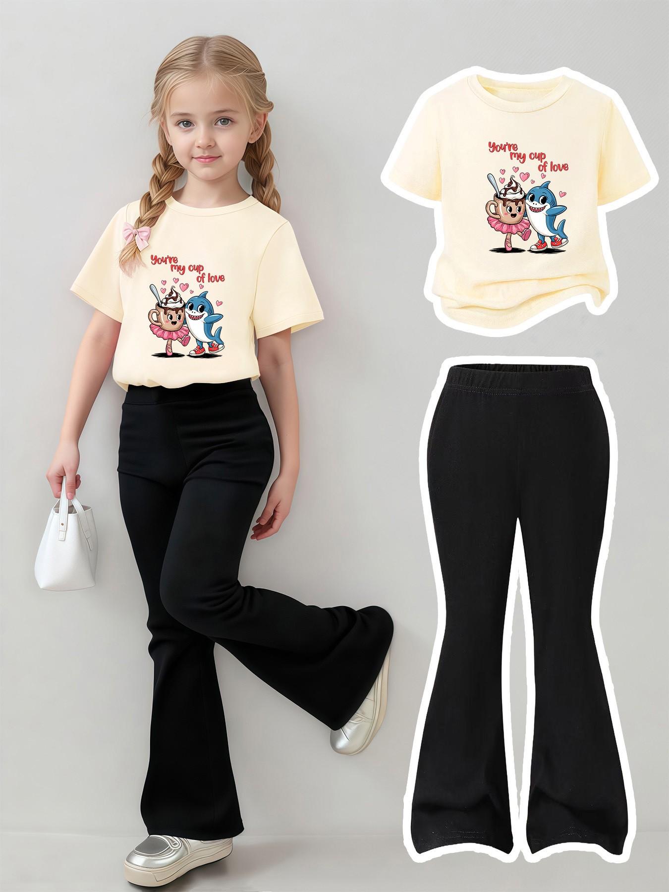 2pc Girls' Fashion Set, Short Sleeve T-Shirt & Bell Pants, Shark Print, Comfortable Round Neck, All Seasons, Casual Style