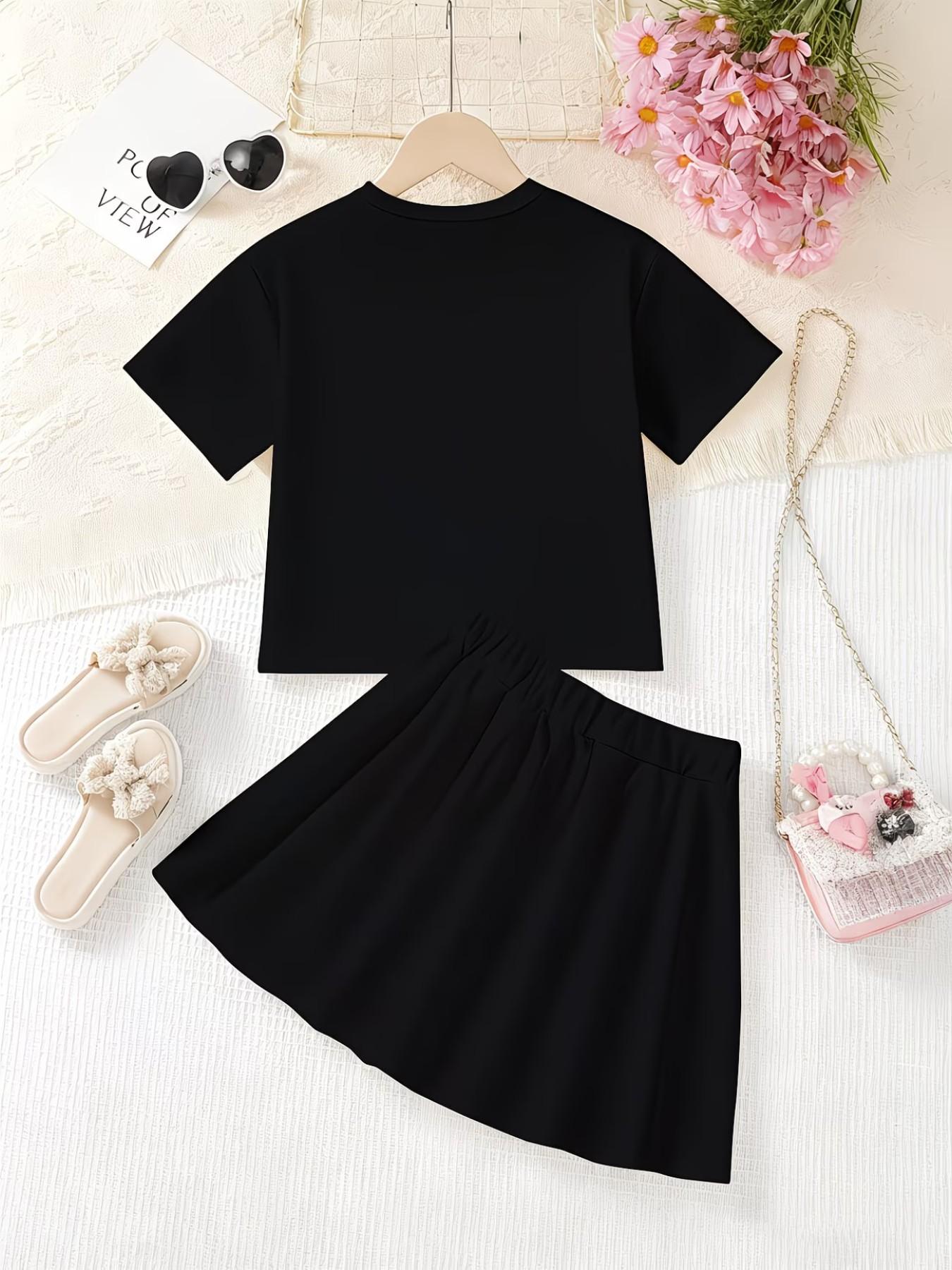 Girls' 3D Cartoon Print T-Shirt and Skirt Set, Casual Slim-Fitting Summer, Round Neck Short Sleeve, Daily Wear