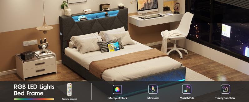 Vabches Bed Frame with Storage Headboard and 4 Drawers,Upholstered Platform with Charging Station and Led Lights,Adjustable Headboard,No Box Spring Needed,Dark Grey