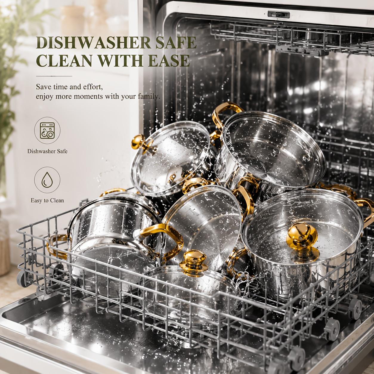 Stainless steel kitchenware set, including saucepan and frying pan set, with lid, non-toxic, oven and dishwasher safe, suitable for induction cooker, fast heating, uniform heat conduction, home cooking, gold, Non Toxic Pots And Pan Set