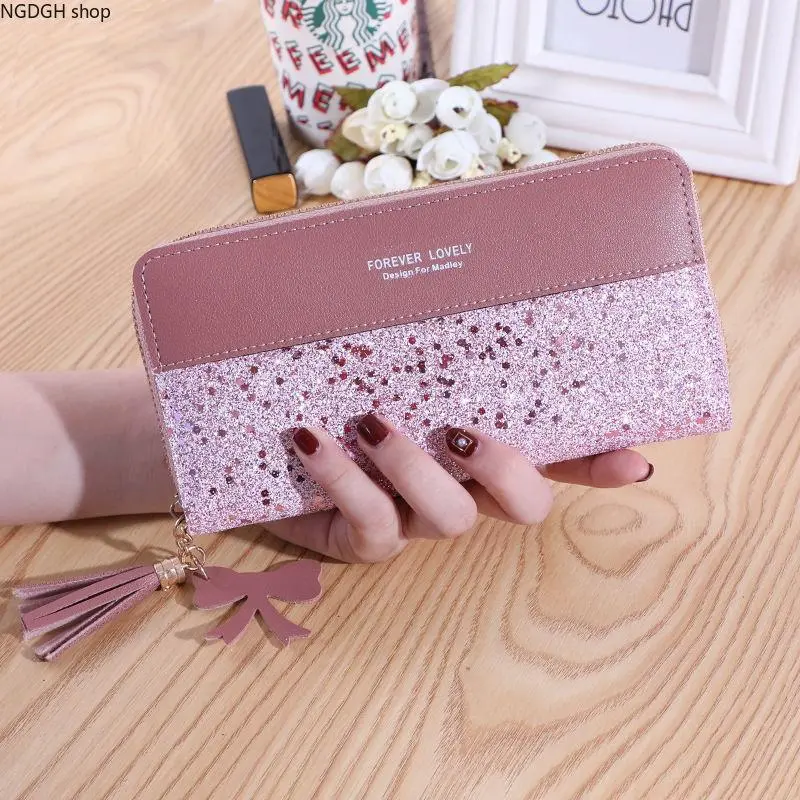 Women's Sparkle Glitter Pink Long PU Leather Wallet Clutch - Zip-Closure, Elegant Bow Accent, Tassel Charm Card Holder, Wallets for Women Ideal for Cash/Coins, Birthday Gift