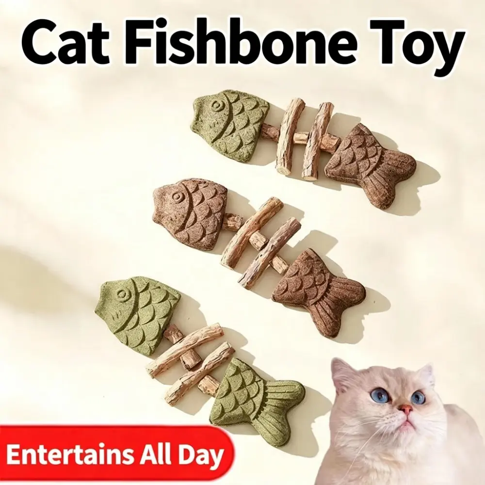 Catnip and Silvervine Chew, Natural Fishbone-Shaped Chew Toy for Cats, Designed for Chewing, Licking, and Pawing, Natural Cat Sticks that Clean Teeth, Durable Wooden Feline Tooth Care Tool