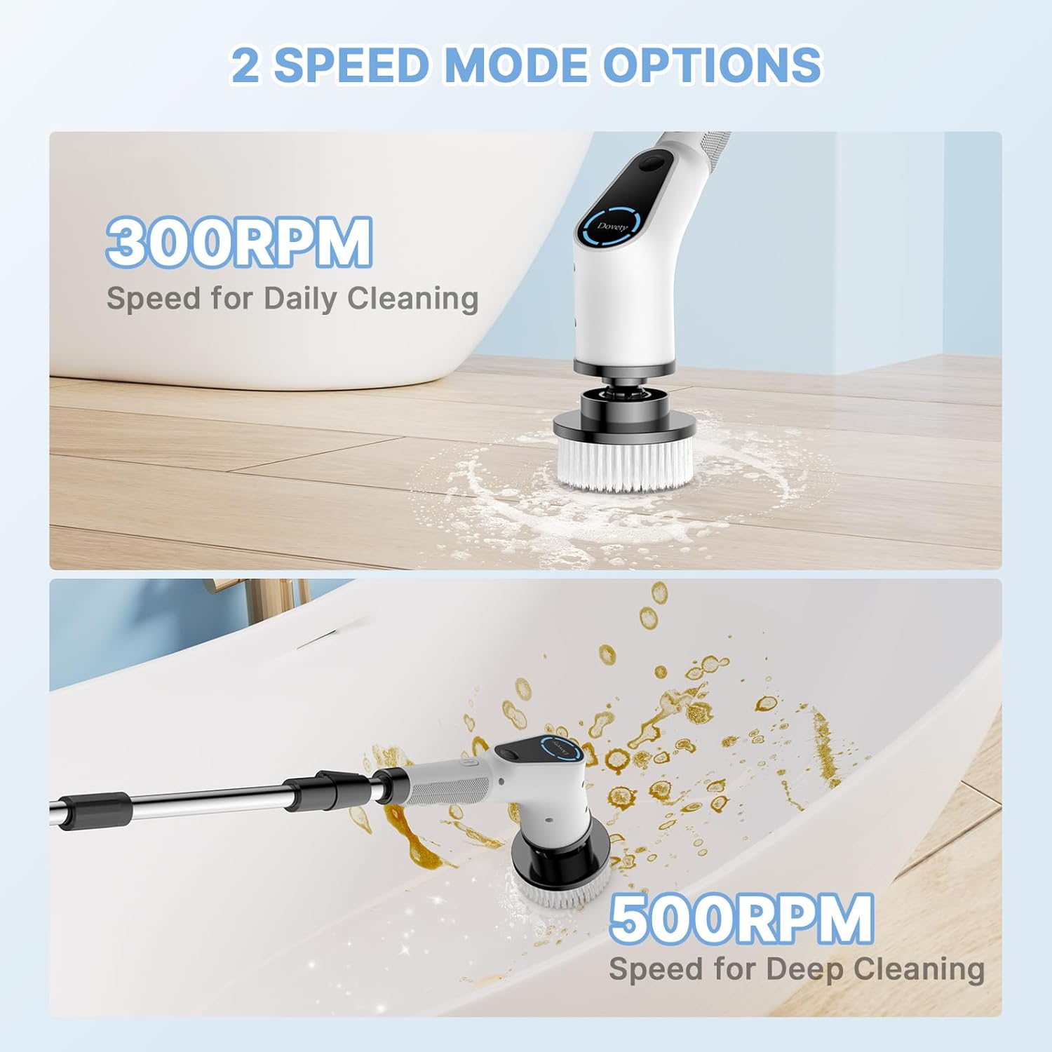【Dovety】 Electric Spin Scrubber, Cordless Shower Scrubber, Cleaning Brush, with 8 Replaceable Brush Heads and 3 Adjustable Extension Handle, 2 Adjustable Speeds for Bathroom, Kitchen, Tile,  Household Cleaning Supplies ,Portable Durable