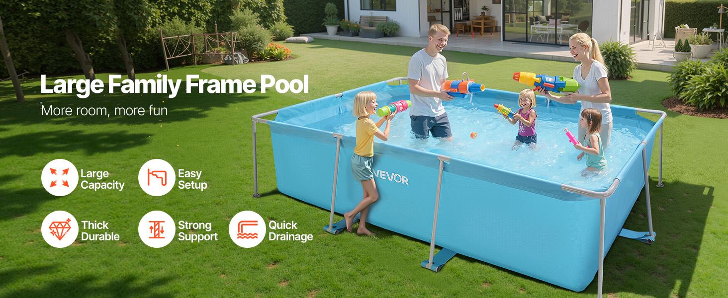 VEVOR Frame Above Ground Swimming Pool, 118x 78x 30 in Rectangular Steel Metal Frame, Large Rectangle Outdoor Backyard Family Pool, Easy to Assemble Rust-Resistant, 1046 Gallon Water Capacity, Blue