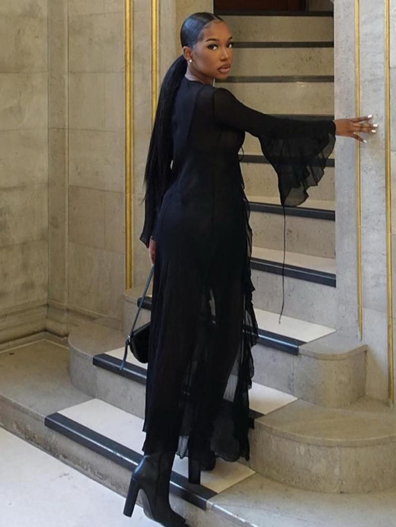 Women's Solid Sheer Ruffle Trim Tie Front Long Mesh Cardigan Coat, Long Sleeve Open Front Outerwear for Spring & Fall, Ladies Clothes for Party Holiday