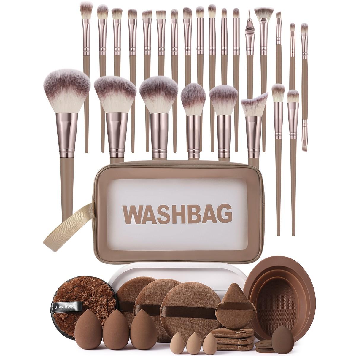 44-Piece Makeup Tool Set, Includes 25 Brushes, Waterproof Cosmetic Bag, Sponges, Puffies, Face Cleanser Sponge, Brush Cleaner