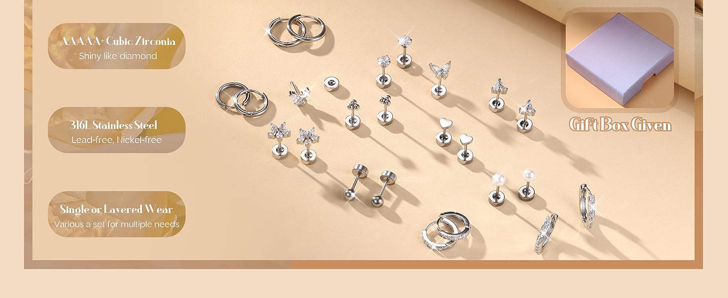 12Pairs Flat Back Earrings for Women Men Hypoallergenic Steel Earrings for Sensitive Ears 14K Gold Hoop Stud Sleeper Earrings Flatback Cartilage Tragus Helix Piercing Earrings Studs Earrings