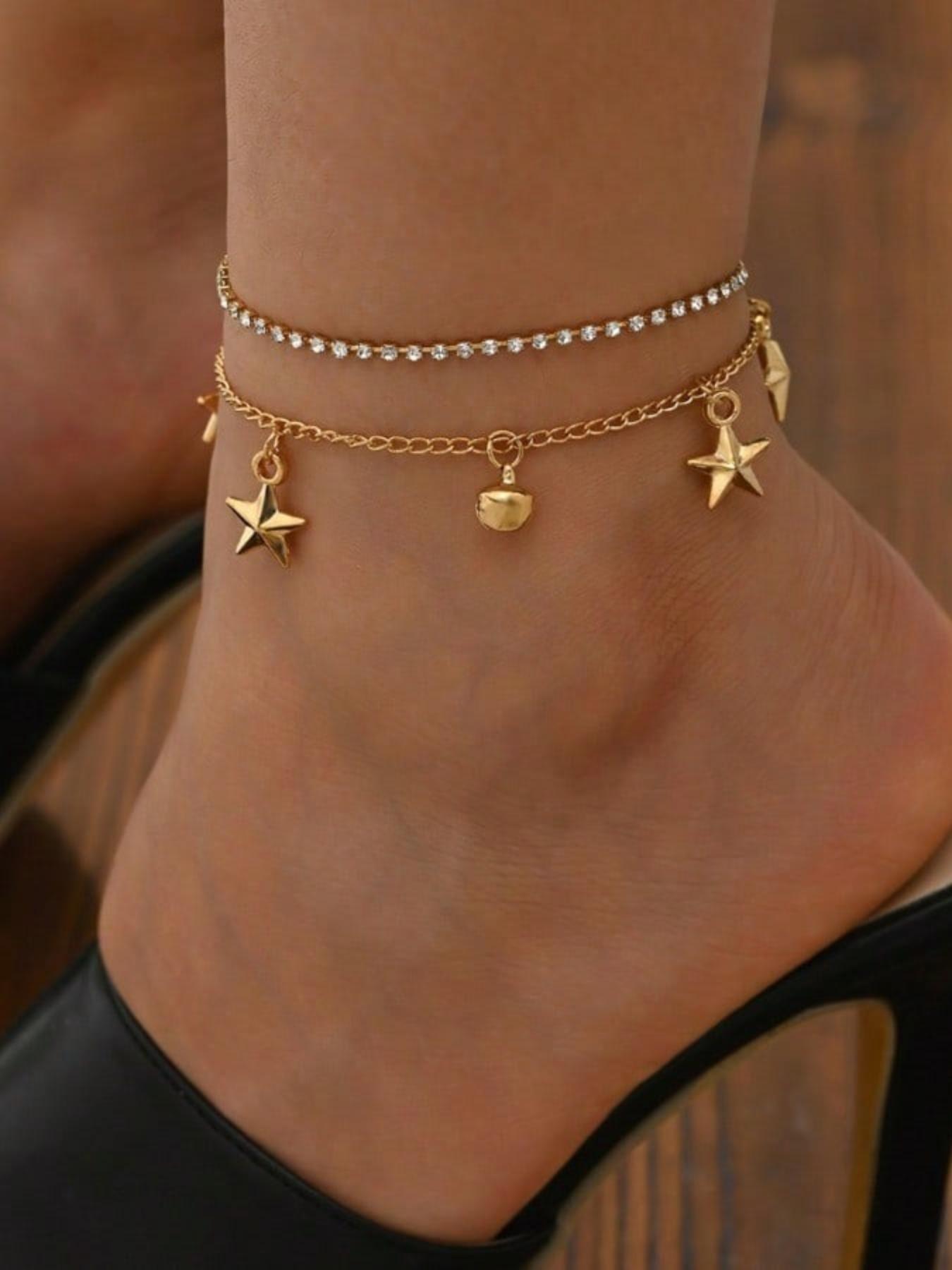 Double Layer Star Bell Anklet for Women, Style, Five Pointed Star Foot Jewelry, Elegant Ankle Bracelet