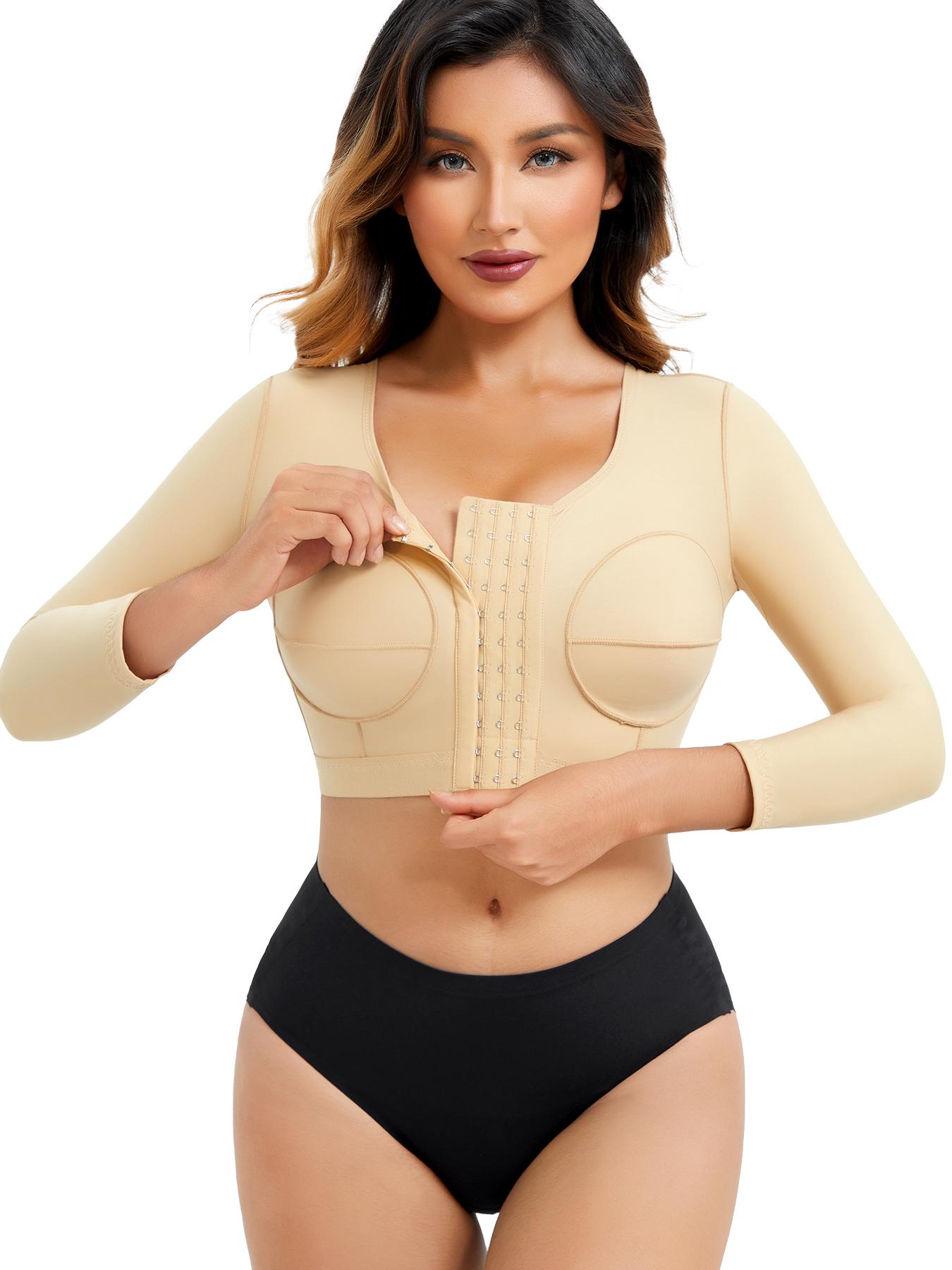 Women's High Elasticity Compression Bodysuit, Shapewear, 3/4 Sleeves Arm Tightening, Cup Design Chest Shaping, Four Button Adjustable Fit