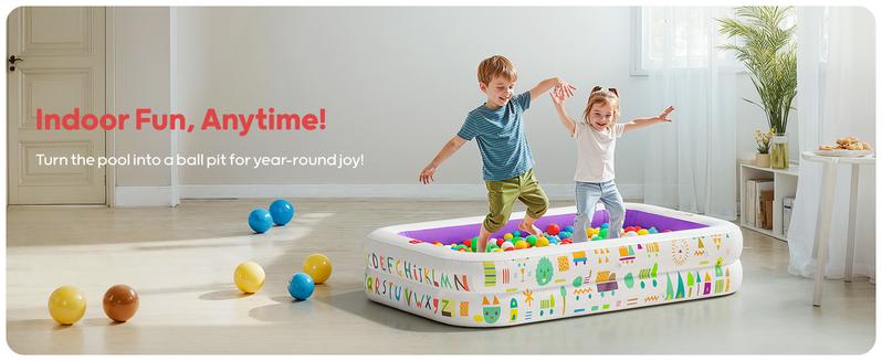 QPAU Kiddie Pool – 65" x 39" Inflatable Pool for Kids & Toddlers, Ball Pit & Baby Pool with Soft Cushioned Floor, Canopy for Sun Protection, Durable Outdoor Play Toys for Backyard & Indoor Use holder Portable Fun Outdoorfun