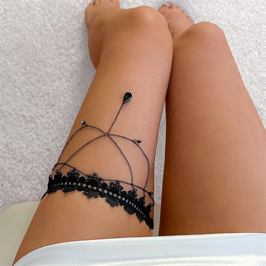 Boho Elastic Band Black Lace Leg Thigh Chain for Women Bikini Summer Festival Party Body Jewelry Wed Accessories Gift