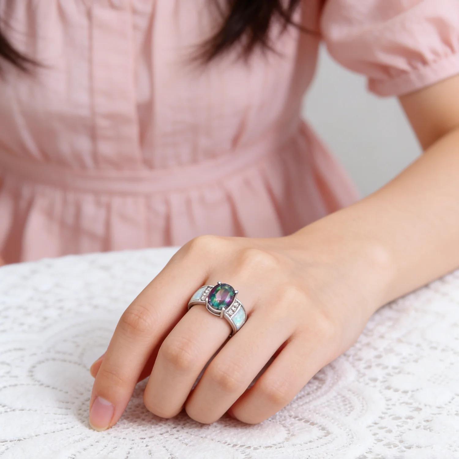 White K Plated Synthetic Fire Opal Colorful Zircon Fashion Jewelry For Women Cocktail Ring Anniversary Gifts for Her