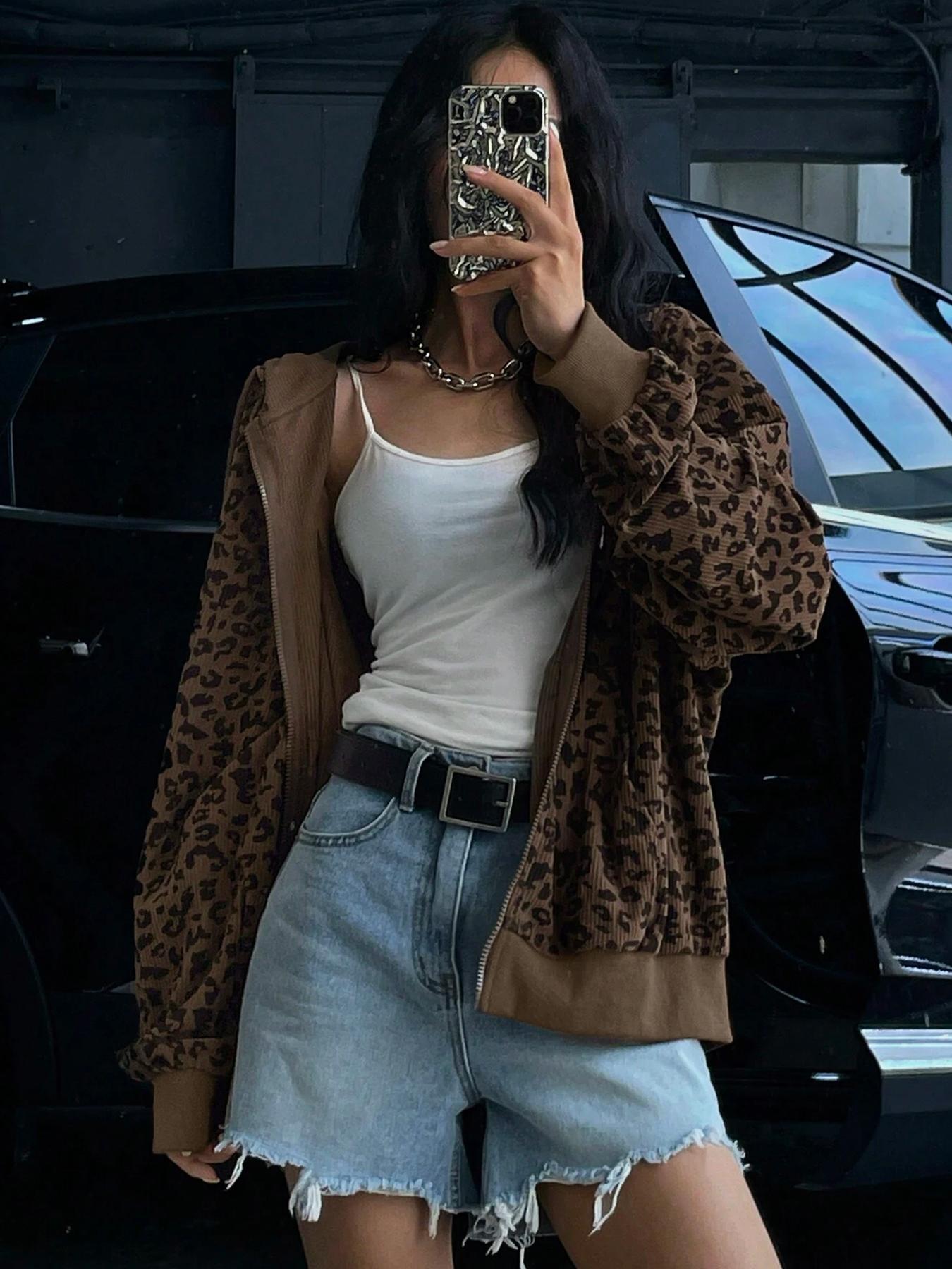 Women's Leopard Print Hooded Zipper Jacket, Casual Slim-Fit Fall & Winter Coat, Drawstring Design, Thick Kint Fabric