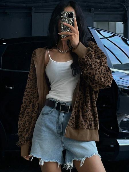 Women's Leopard Print Hooded Zipper Jacket, Casual Slim-Fit Fall & Winter Coat, Drawstring Design, Thick Kint Fabric