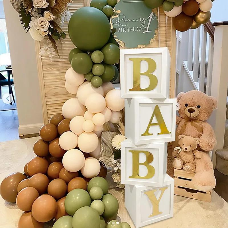 Wood Grain Printing Baby Shower Display Boxes Decoration, Neutral Gender Reveal Backdrop Brown Baby Stacking Blocks Backdrop for Kids Birthday Party