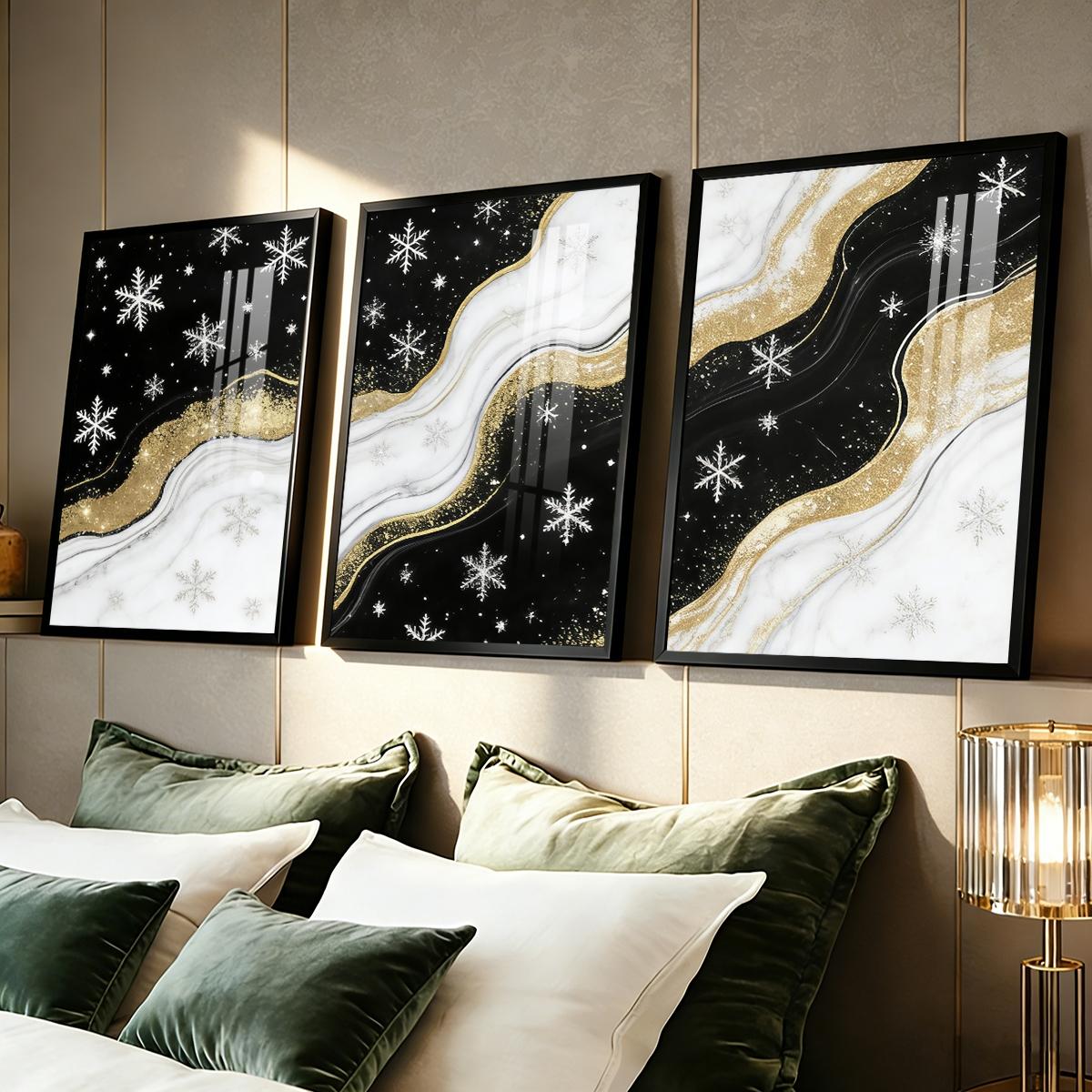 3 Counts Aluminum Alloy Framed Painting, Black White And Gold Snowflake Abstract Art Pictures, Home Decoration For Living Room, Bedroom, Office, Restaurant, Hallway Wall Decor, Odorless Print Artwork, Luxury Perfect Gift For Friends And Family