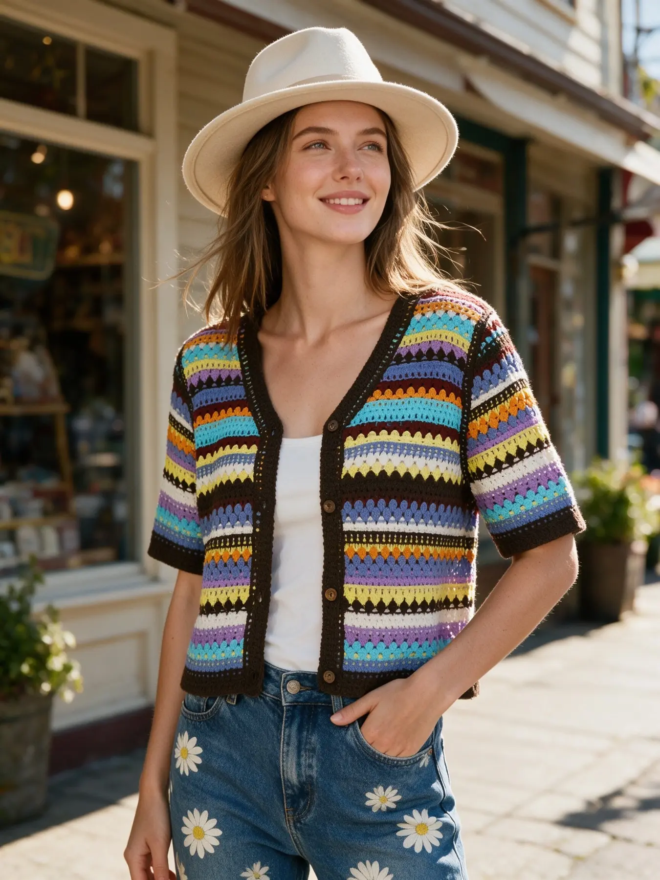 Summer Lightweight Loose Fit Short Sleeve Colorful Striped Hollow Out Knit Top, Women's Slimming Open Front Lightweight Flowy Cardigan, New Arrival