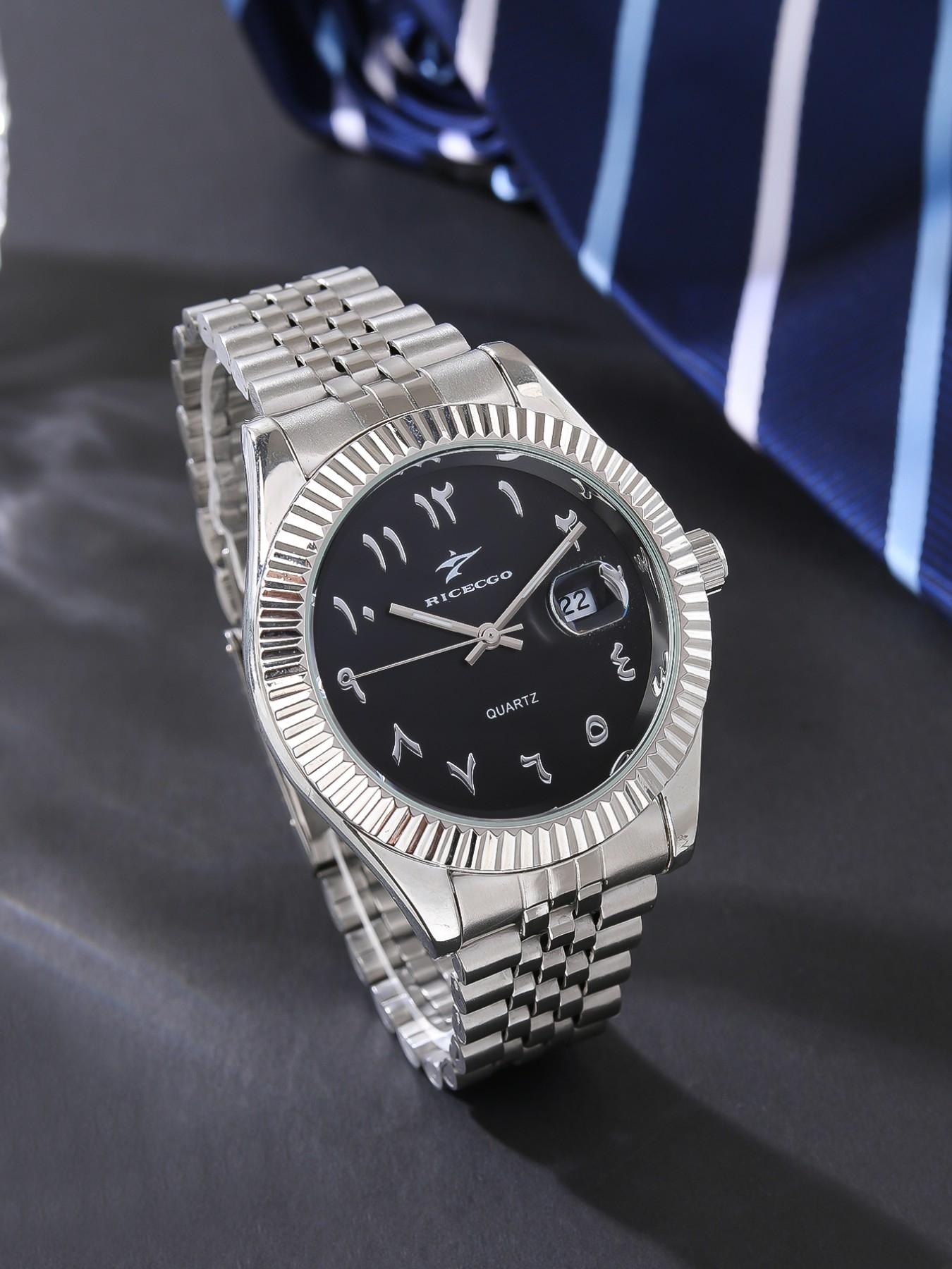 1pc Men's Analog Quartz Wristwatch, Arabic Numerals, Durable Stainless Steel Bracelet, Stylish and Versatile Accessory, Date Function, Suitable for Any Occasion, with Box, Analog Watches!