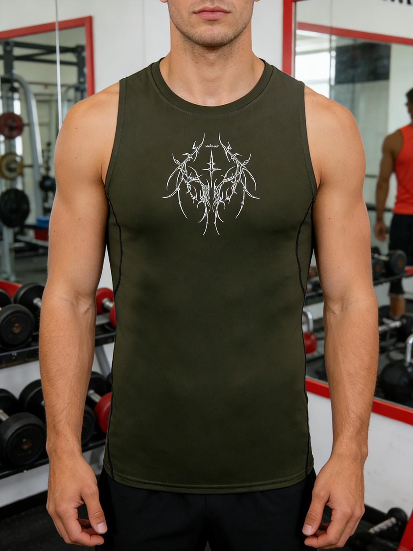 Y2K Aesthetic Compression Tank Top Men Summer Athletic Quick Dry Sleeveless Gym Workout Vest Gothic Tribal Star Cross and Thorn Graphic Print Sport Muscle Tee