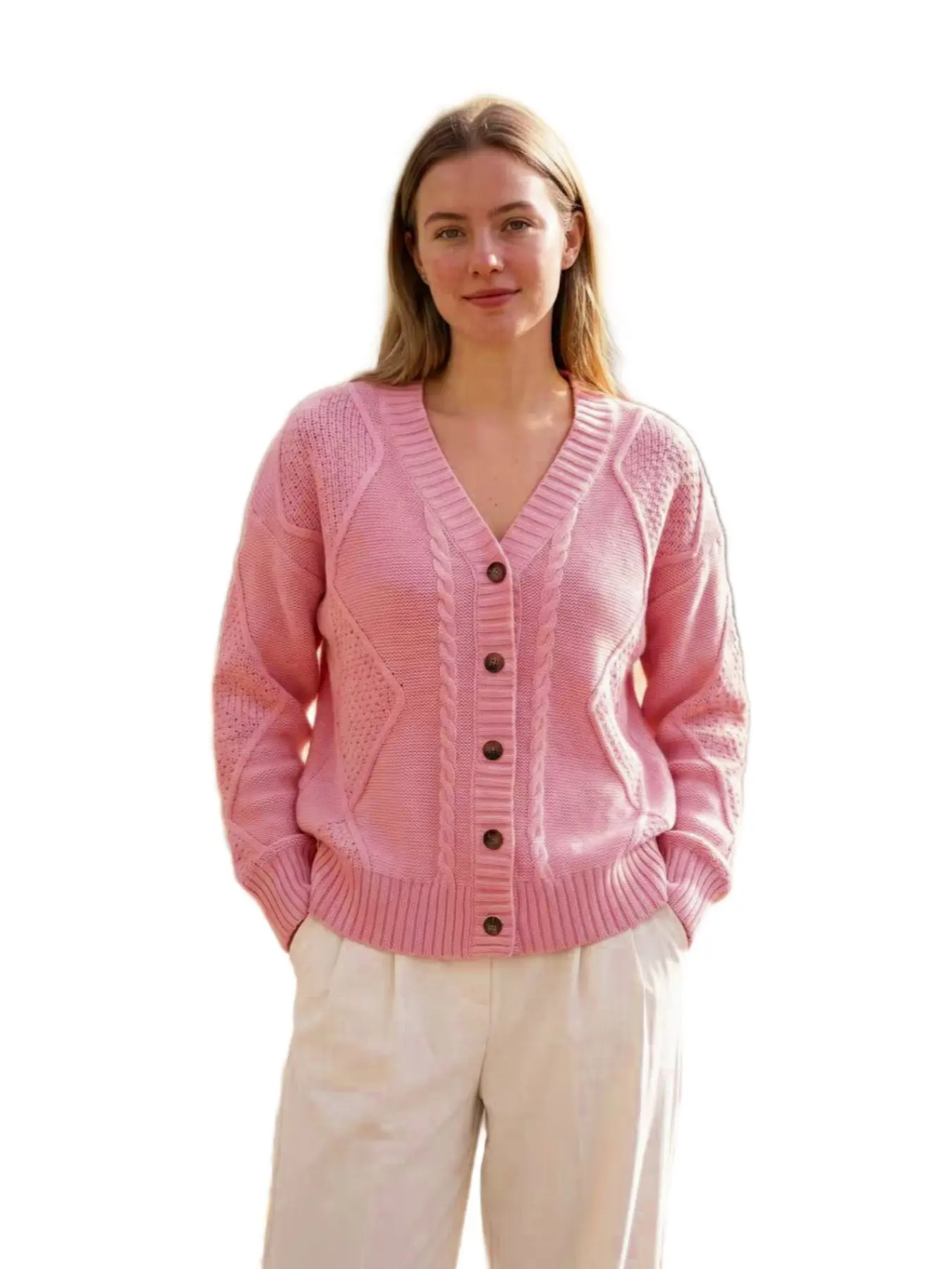 Women’s Soft Knit Cable Pink Cardigan Sweater – Relaxed V-Neck Button Down Top