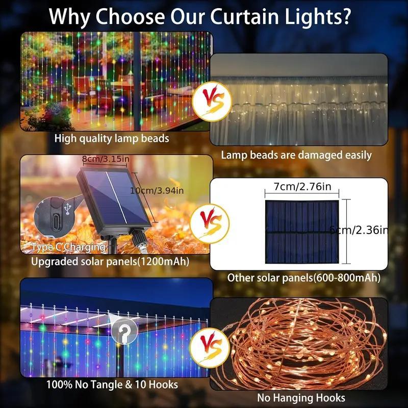Solar Powered LED Curtain Light String, LED Light String with Remote Control & Timer, Solar Strip Lights, Decorative Light for Home, Garden, Balcony, Garden Decorations