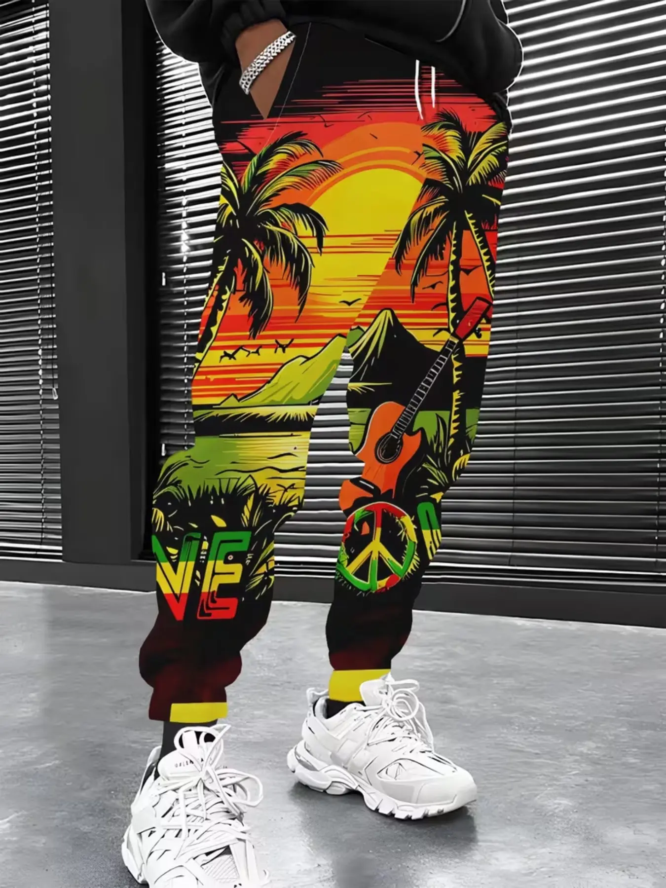 Men's Sweatpants, Tropical Sunset Island Coconut Tree Guitar Peace Symbol 3D Print, Drawstring Casual Long Pants, Loose-Fitting, All Seasons