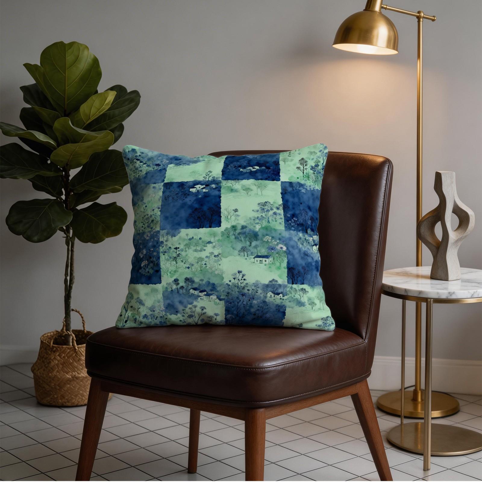 1 Piece Watercolor Landscape Checkered Throw Pillow, HD Digital Printed Cushion, Soft Cozy Accent Pillow for Sofa, Chair and Bedroom Decor with Invisible Zipper, Non-Fading