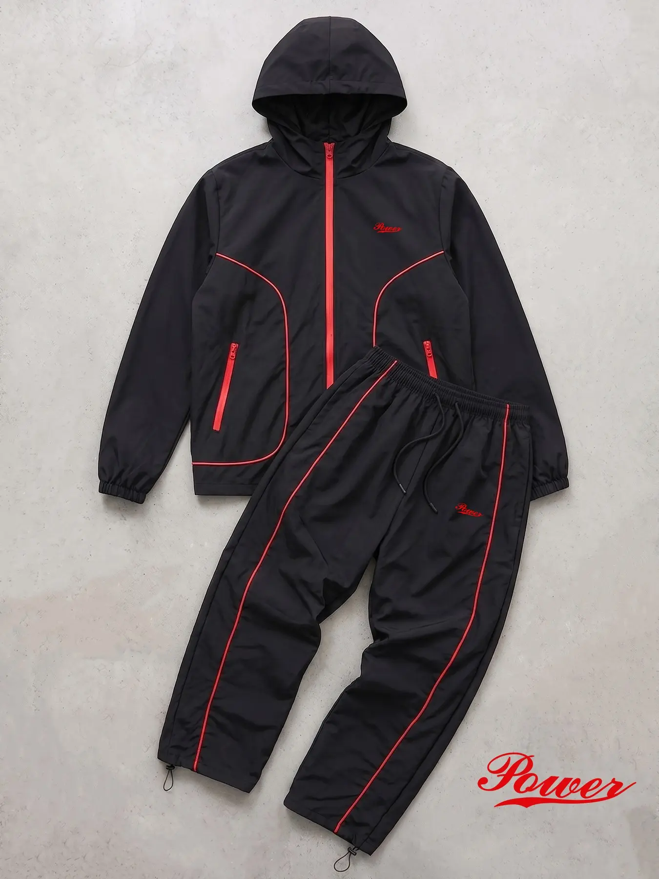 Power Letter Print Outdoor Sporty Suit, Men's 2 Piece Tracksuit Set with Contrast Piping, Hooded Full Zip Windbreaker Jacket with Zipper Side Pocket, Quick Dry Athletic Jogger Pants Trousers with Adjustable Drawstring Ankle Cuffs
