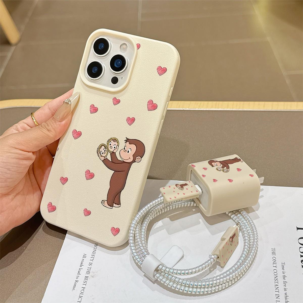 6-Piece Set Creative Heart Monkey Phone Case, Charging Head Cover, Cable Protector, Storage Rope, Data Line Protection for iPhone