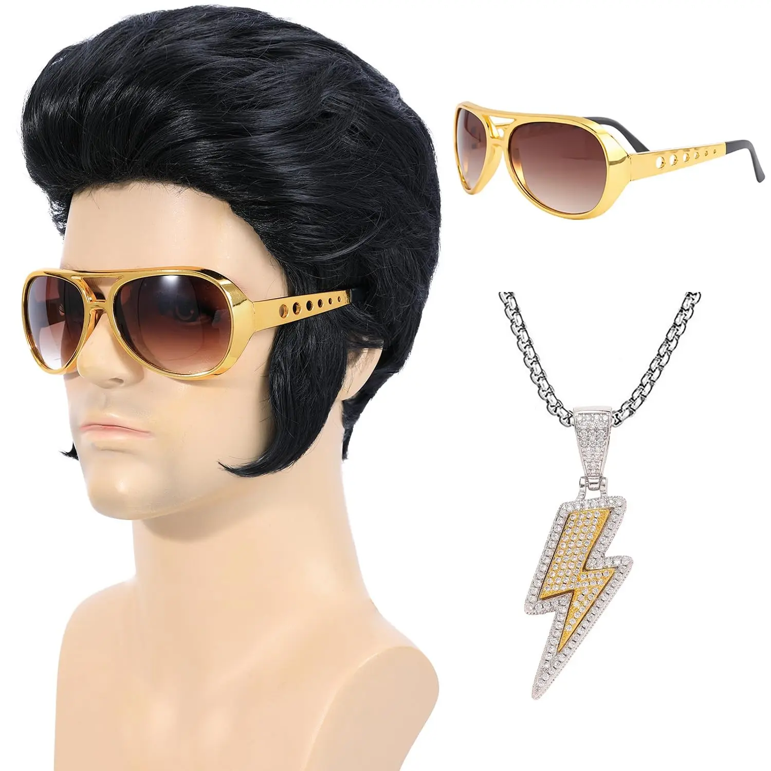 4pcs 50s Rock Wig Set with Sunglasses and Necklace for Men - Rocker Costume Wig for Cosplay Halloween Party AdultsGift