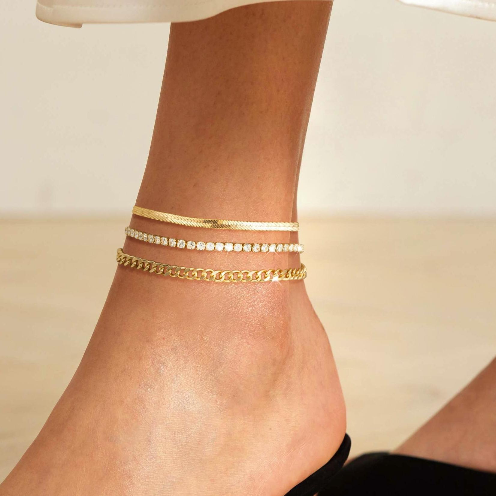 Tewiky 6pcs Anklets For Women Layered Cuban Link Chain Anklets Love Herringbone Cute Anklets Set Summer Beach Jewelry Gift