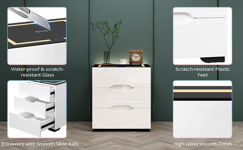 Smart Nightstand with Wireless Charging Station & Adjustable LED Lights, High Gloss End Table with 3 Drawers & USB Charging, Bedside Table Organizer for Bedroom Use