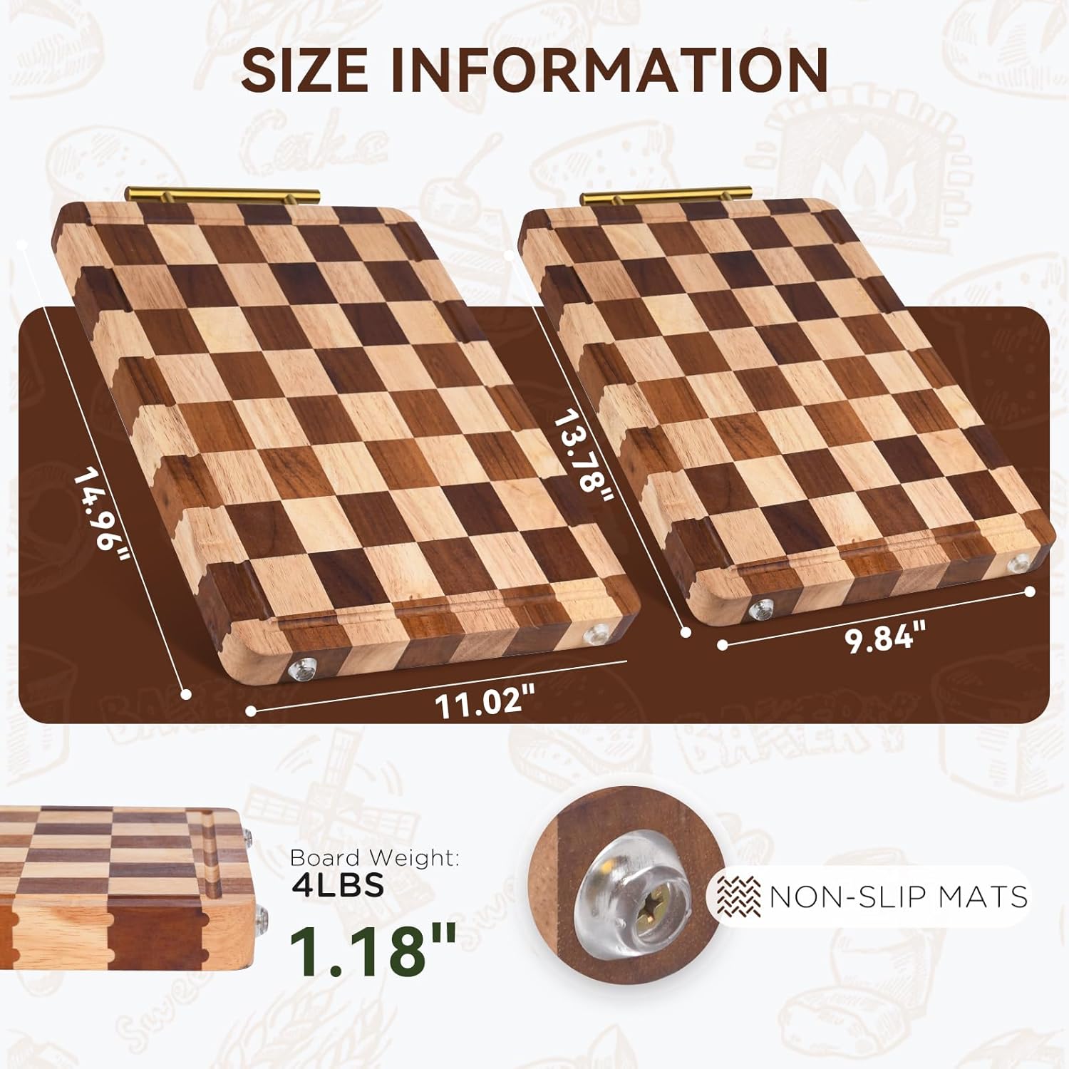 Checkered Board for Kitchen - 14.9"x 11"x 1.18" Rubber Butcher Block with Juice & Steel Handle, Heavy Duty Non-Slip Chopping Board for Charcuterie, Housewarming Checkered Board for Kitchen - 14.9"x 11"x 1.18" Rubber Butcher Block with Juice & Steel Handle, Heavy Duty Non-Slip Chopping Board for Charcuterie, Housewarming