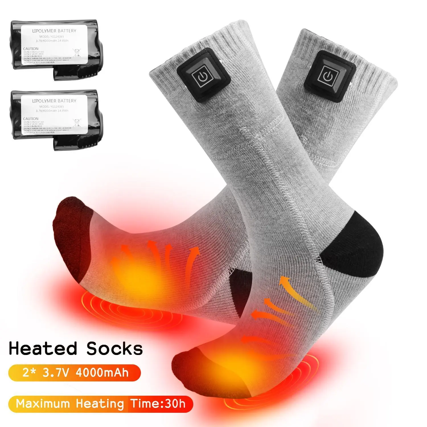 Rechargeable Washable Heated Socks – 3 Heat Levels Soft Breathable Thermal Socks with 2×4000mAh Batteries for Winter Outdoor Sports