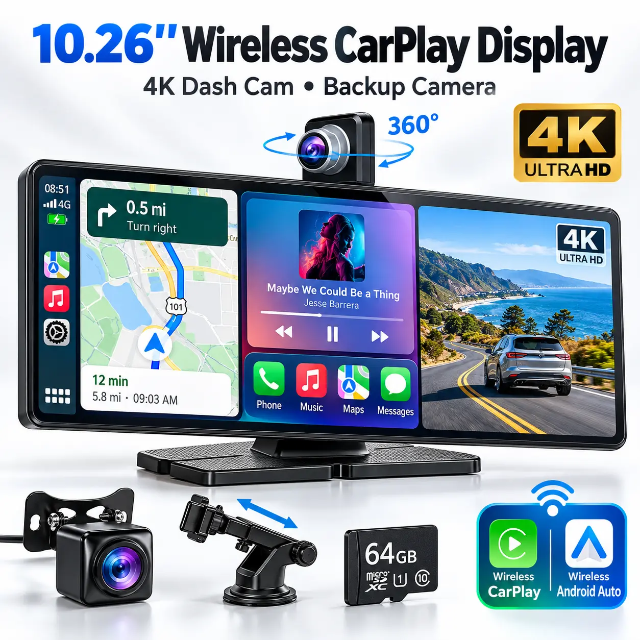 Cinandrow 10.26 Inch Wireless CarPlay Android Auto Screen 4K Front and Rear Dash Cam 360 Rotatable GPS Navigation Voice Control Smart Touchscreen Handsfree Calling Music Streaming Parking Assist Night Vision Mirror Link Universal Vehicles 2026 New Upgrade