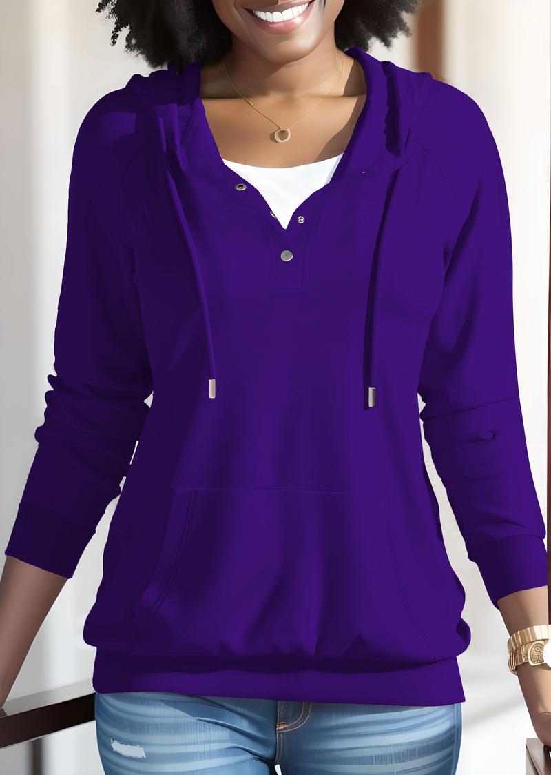 USBoutique Chic Women's Plain Half Button Raglan Sleeve Hoodie Casual Long Sleeve Drawstring Pocket Hooded Sweatshirt for Fall Ladies Clothes for Daily Wear Black Fitted Minimalist Tops