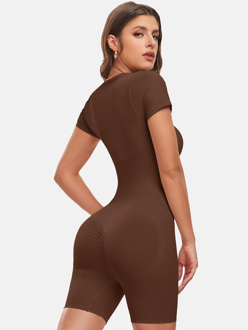 Women's Shapewear Bodysuit Square Neck Short Sleeve Seamless Slimming Body Sculpting Compression High Waist Shorts, Casual Plain All Season Wear