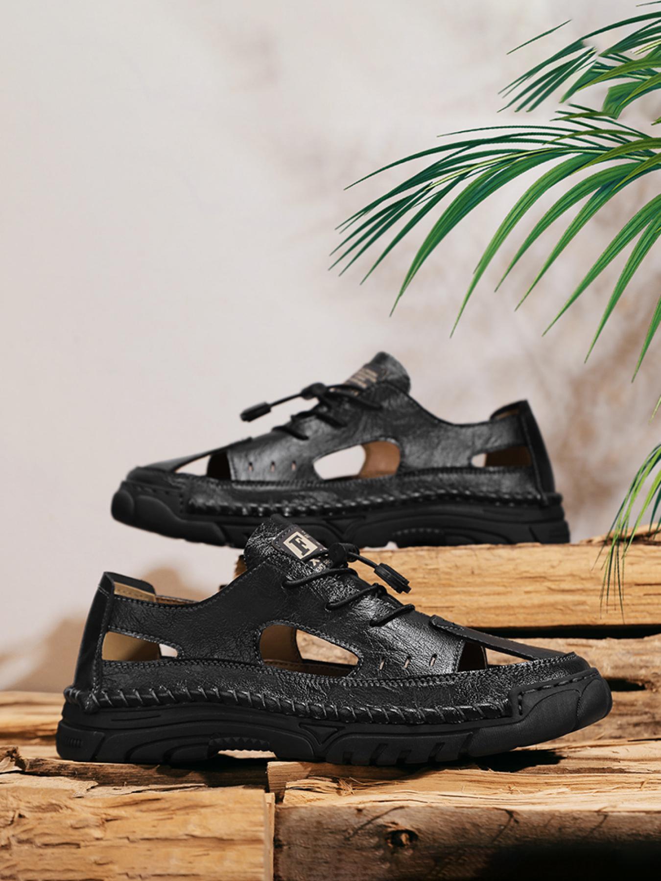 Men's Solid Color Hand-Stitched Closed-Toe Sandals Drawstring Soft Sole Water Shoes Breathable Slip-On Outdoor Beach Shoes