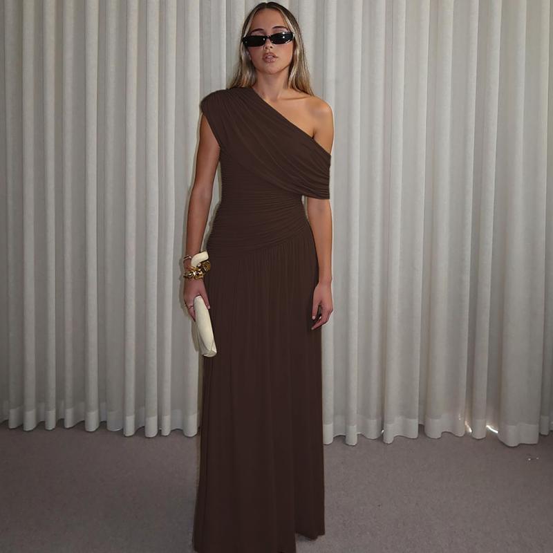 Women's Elegant Solid Irregular Neck Ruched Dress, Sexy One-Shoulder Backless Plain Slim Fit Maxi Dress, Formal Gown for Birthday Party & Date Evening, Summer Ladies Casual Long Dresses for Holiday & Daily Wear Womenswear