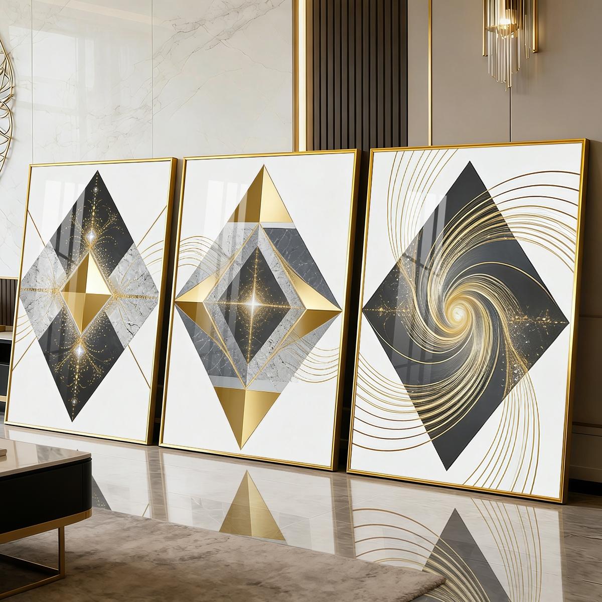3 Counts Aluminum Alloy Framed Painting, Geometric Gold And Marble Abstract Art Pictures, Home Decoration For Living Room, Bedroom, Office, Restaurant, Hallway Wall Decor, Odorless Print Artwork, Luxury Perfect Gift For Friends And Family