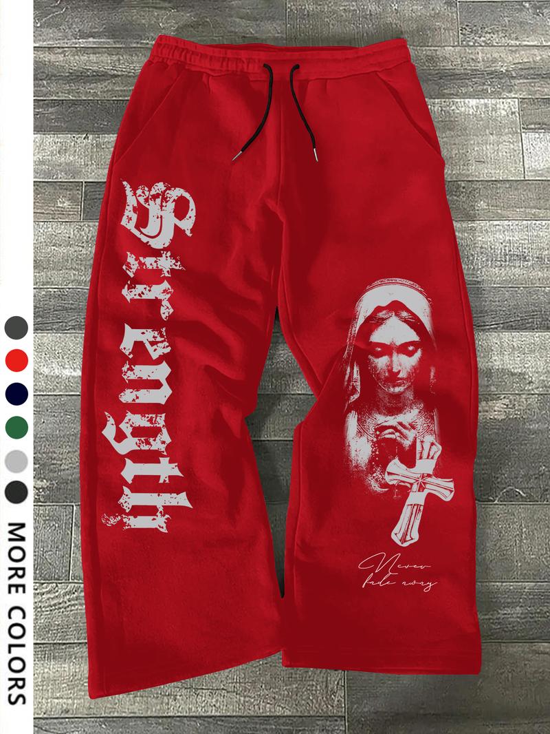 Men's Casual Loose-Fit Drawstring Pants, All-Season Wide-Leg Sweatpants with Nun Print, Comfortable Long Trousers for Everyday Wear, Casual Streetwear Pants