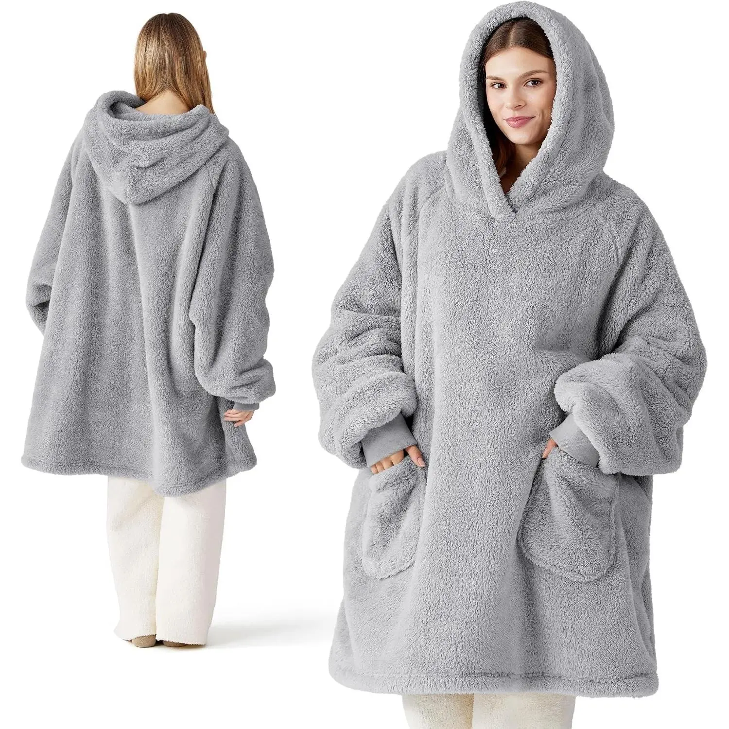 Soft Wearable Blanket Hoodie for Women, Grey, Standard | Hooded Blanket for Adults, Warm Cozy Fluffy Sweatshirt with Sleeves, Birthday Christmas Gifts for Her and HimGift