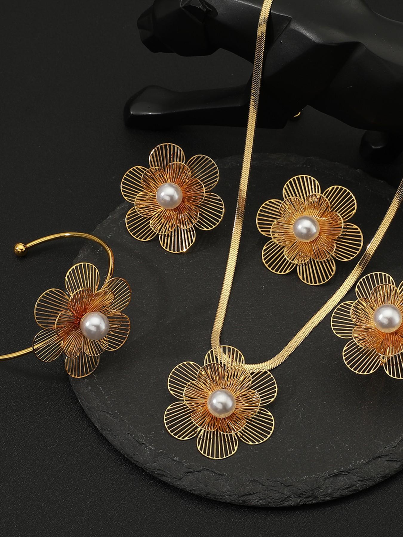 5 Piece Hollow Flower Pearl Stainless Steel Jewelry Set, Women's Wedding Party Luxury Gift, Casual All Seasons Accessories