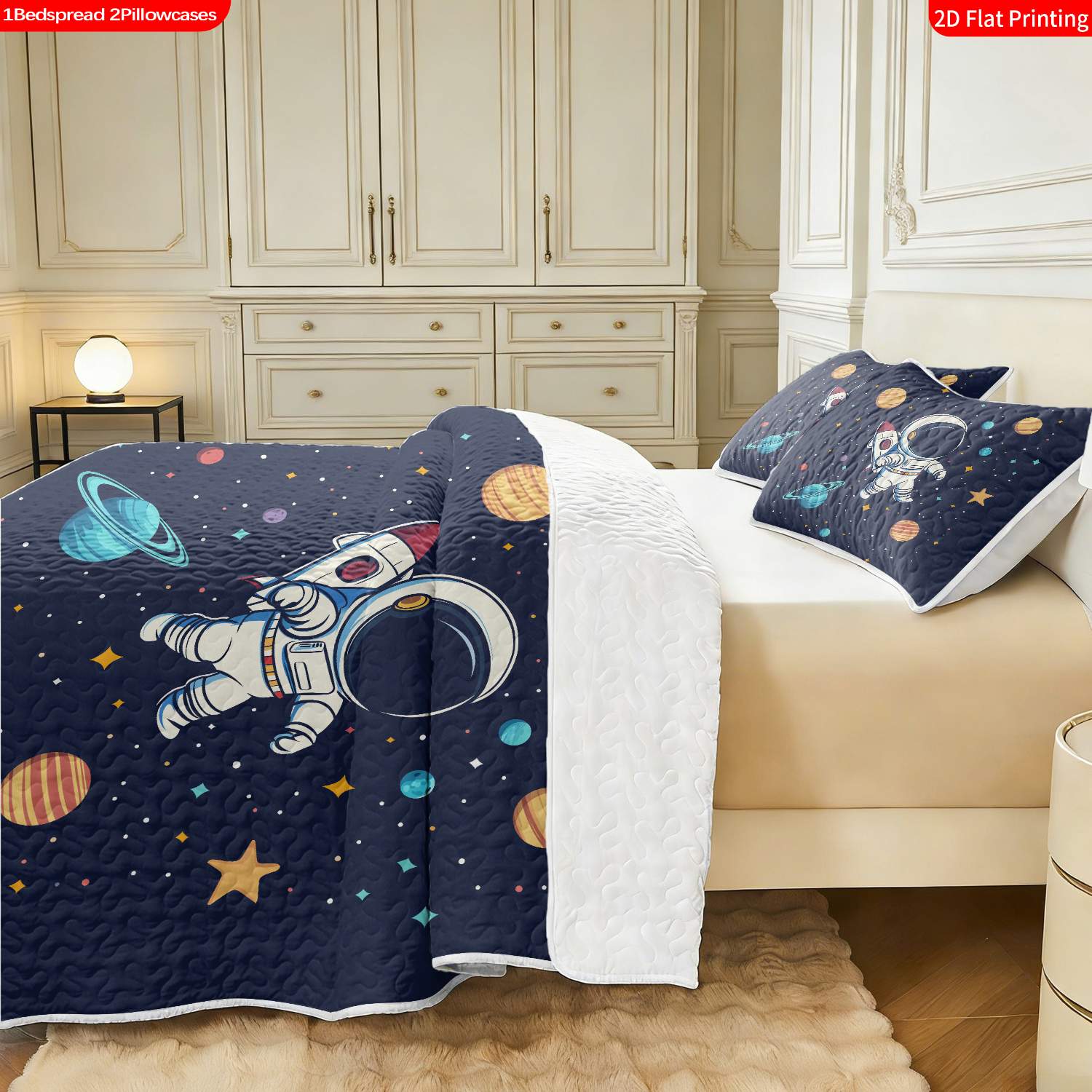3 pcs, 2D flat print Astronaut Spaceship Starry Sky bed cover set, multiple sizes available, bedding set, festive decorative bedding, ideal for bedroom decor(1 bedspread , 2 pillowcases)