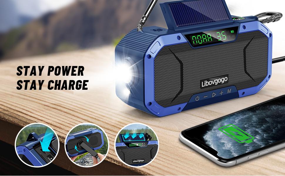 Emergency Radio Waterproof Bluetooth Speaker,Portable Digital AM FM Radio with Flashlight,Reading Lamp,Hand Crank NOAA Weather Radio with Solar Panel,5000mAH Cell Phone Charger,Emergency Survival Kit