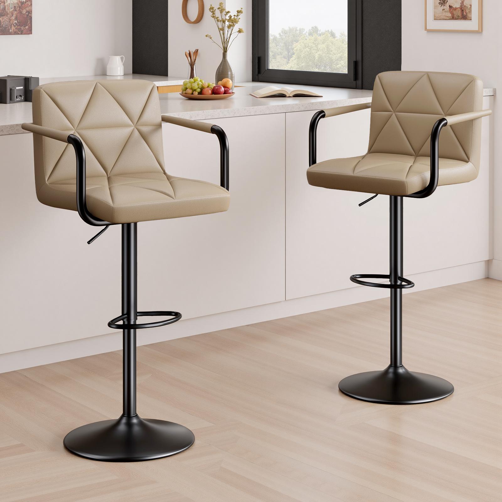 Set of 2 Barstools, Adjustable Height 25.5-34.5 IN with Back & Arms, Swivel PU Leather Upholstered Counter Height Bar Chairs