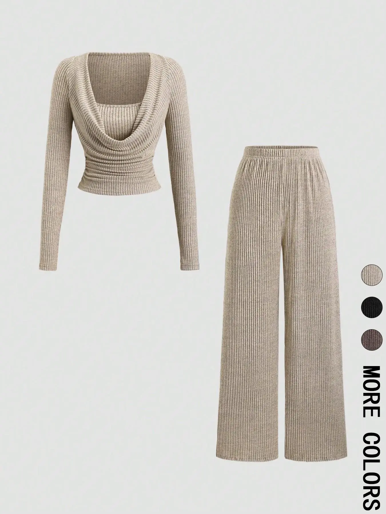 2 PieceViral Co Ord Set Long Sleeve Cowl Collar Faux Layer Short Top & Full Elastic Waist Straight Wide Leg Trousers Matching Outfit