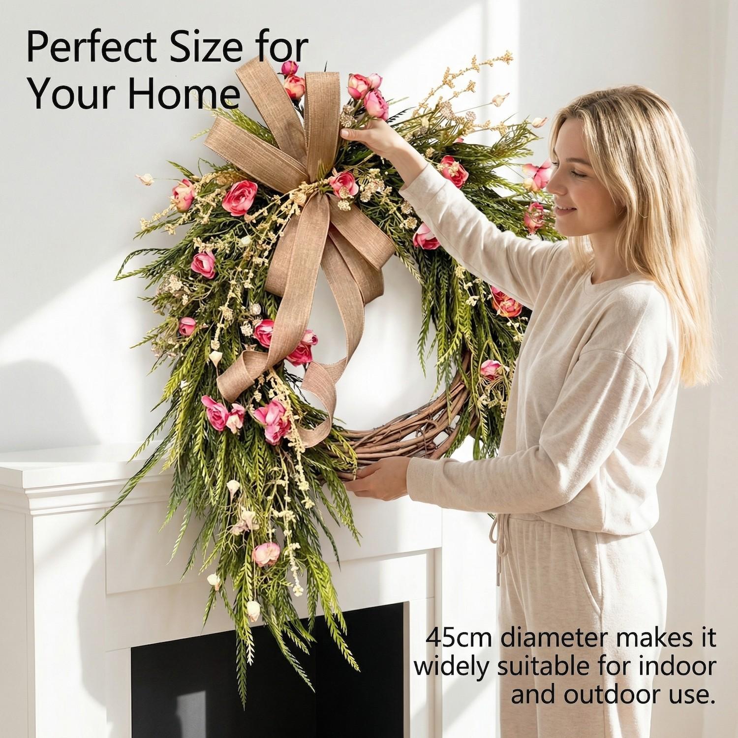 Rustic Spring Summer Wreath, Rose Artificial Decorative Wreath, 40cm/45cm/50cm Floral Door Hanging, Perfect for Weddings and Home Décor