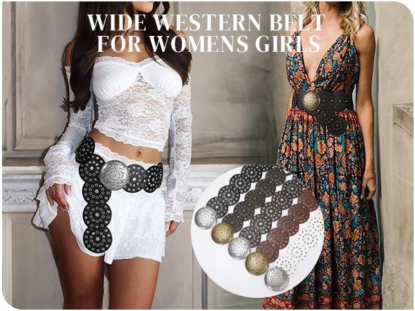 JASGOOD Women Western Concho Belts Wide Hollow Disc Leather Belt Cowgirl Boho Belt for Jeans Dresses with Metal Buckle